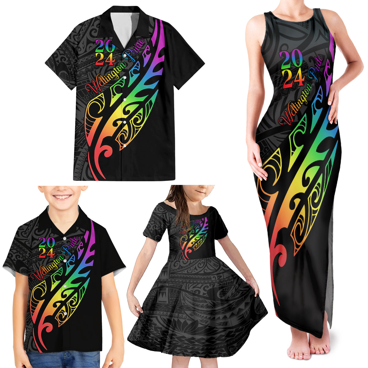 Personalised New Zealand Wellington Pride Family Matching Tank Maxi Dress and Hawaiian Shirt Maori Fern with Pride Flag 2024 LT9 - Polynesian Pride