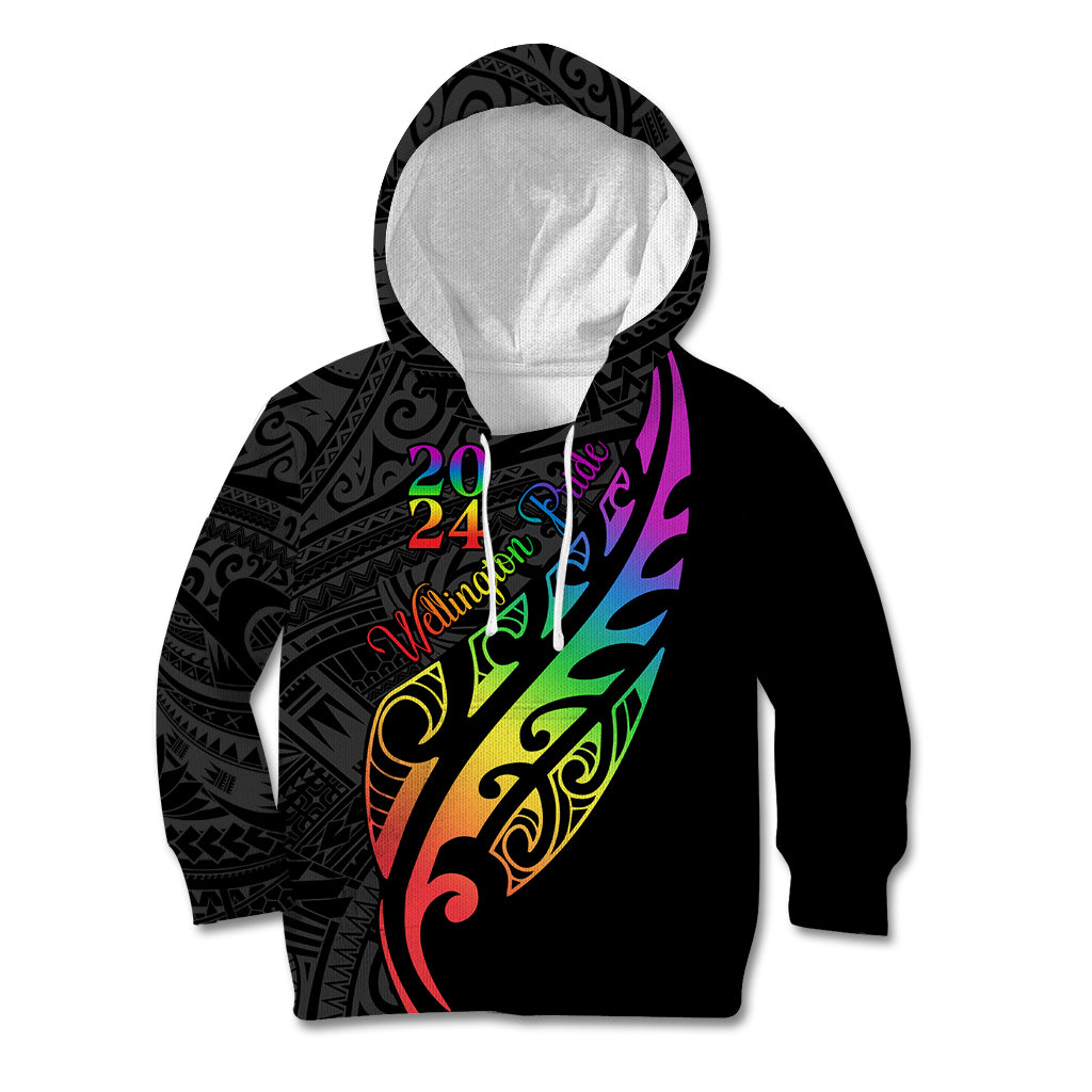 Personalised New Zealand Wellington Pride Kid Hoodie Maori Fern with Pride Flag 2024 LT9 Hoodie Black - Polynesian Pride