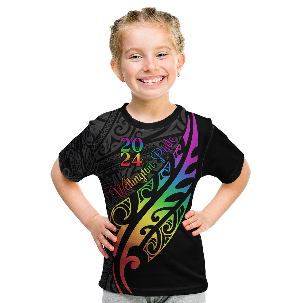 Personalised New Zealand Wellington Pride Kid T Shirt Maori Fern with Pride Flag 2024 LT9 Black - Polynesian Pride