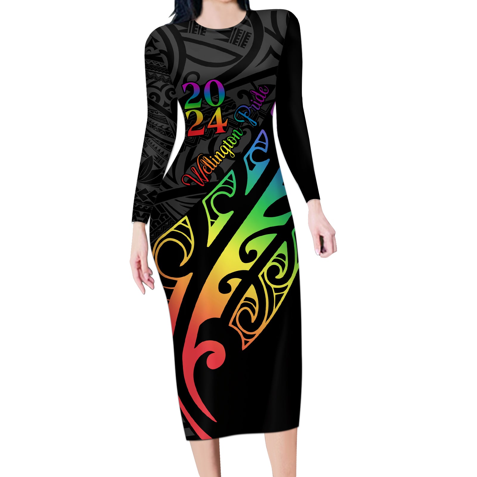 Personalised New Zealand Wellington Pride Long Sleeve Bodycon Dress Maori Fern with Pride Flag 2024 LT9 Long Dress Black - Polynesian Pride