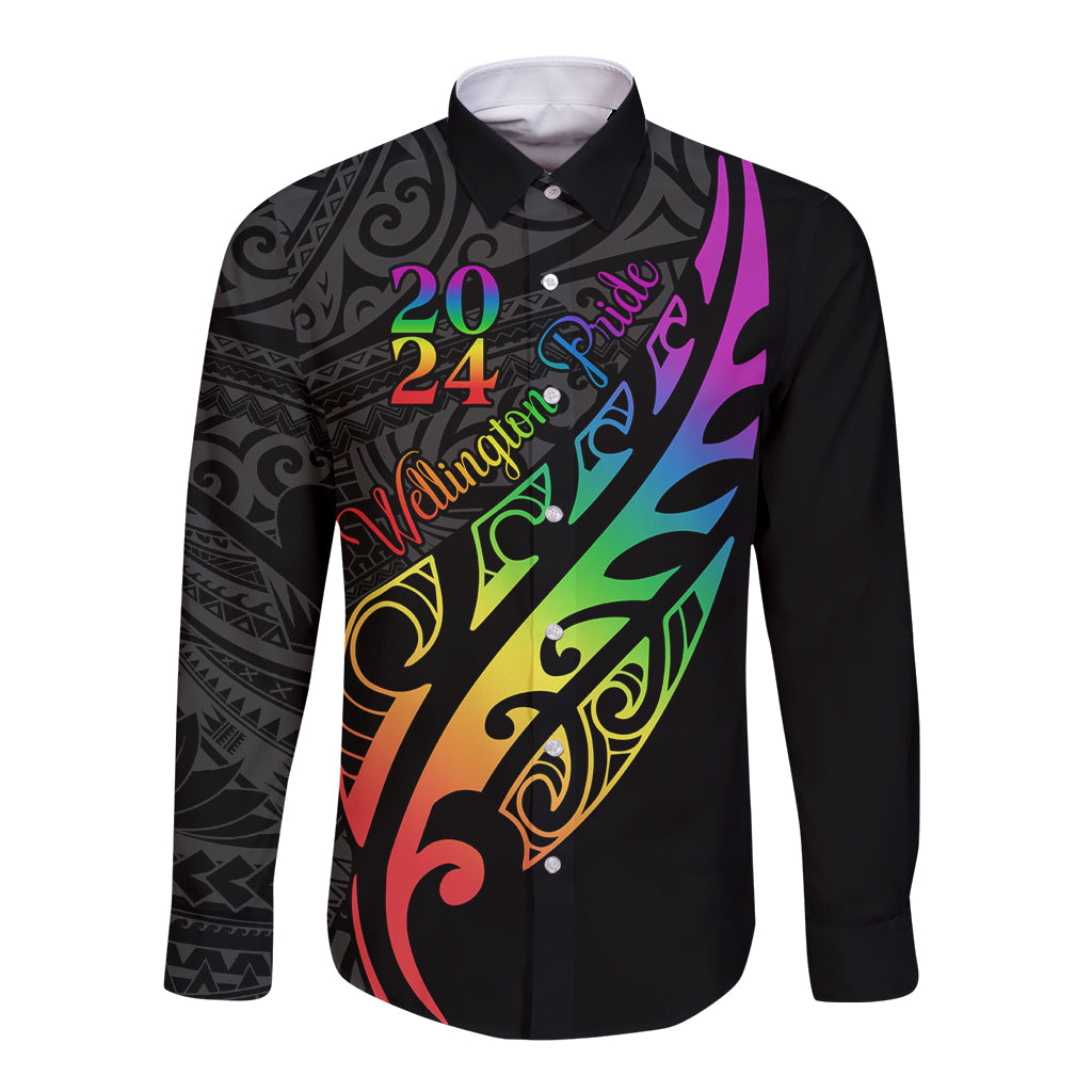 Personalised New Zealand Wellington Pride Long Sleeve Button Shirt Maori Fern with Pride Flag 2024 LT9 Unisex Black - Polynesian Pride