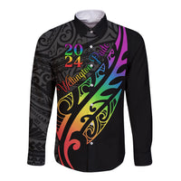 Personalised New Zealand Wellington Pride Long Sleeve Button Shirt Maori Fern with Pride Flag 2024 LT9 Unisex Black - Polynesian Pride