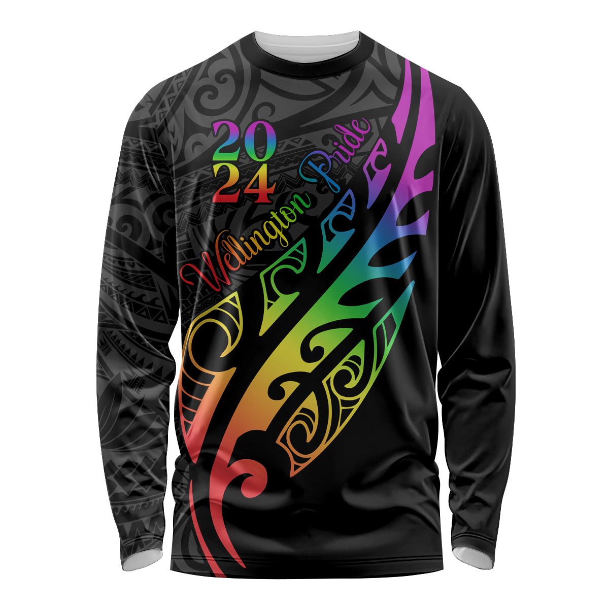 Personalised New Zealand Wellington Pride Long Sleeve Shirt Maori Fern with Pride Flag 2024 LT9 Unisex Black - Polynesian Pride