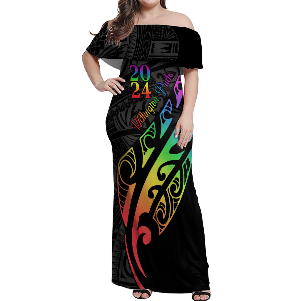 Personalised New Zealand Wellington Pride Off Shoulder Maxi Dress Maori Fern with Pride Flag 2024 LT9 Women Black - Polynesian Pride