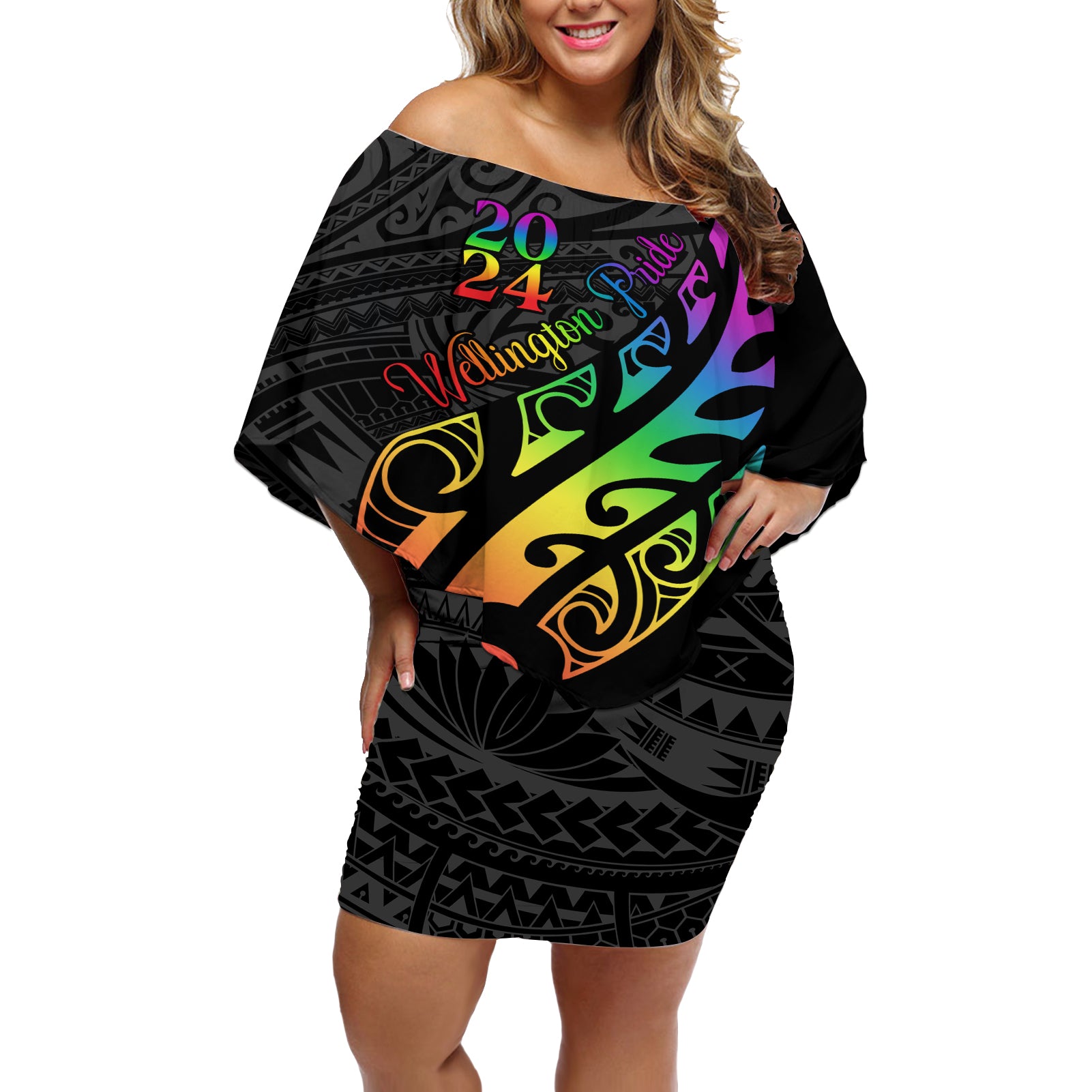 Personalised New Zealand Wellington Pride Off Shoulder Short Dress Maori Fern with Pride Flag 2024 LT9 Women Black - Polynesian Pride