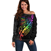 Personalised New Zealand Wellington Pride Off Shoulder Sweater Maori Fern with Pride Flag 2024 LT9 Women Black - Polynesian Pride