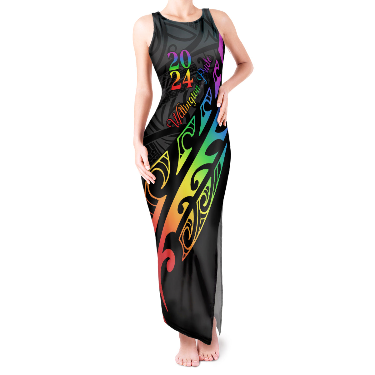 Personalised New Zealand Wellington Pride Tank Maxi Dress Maori Fern with Pride Flag 2024 LT9 Women Black - Polynesian Pride