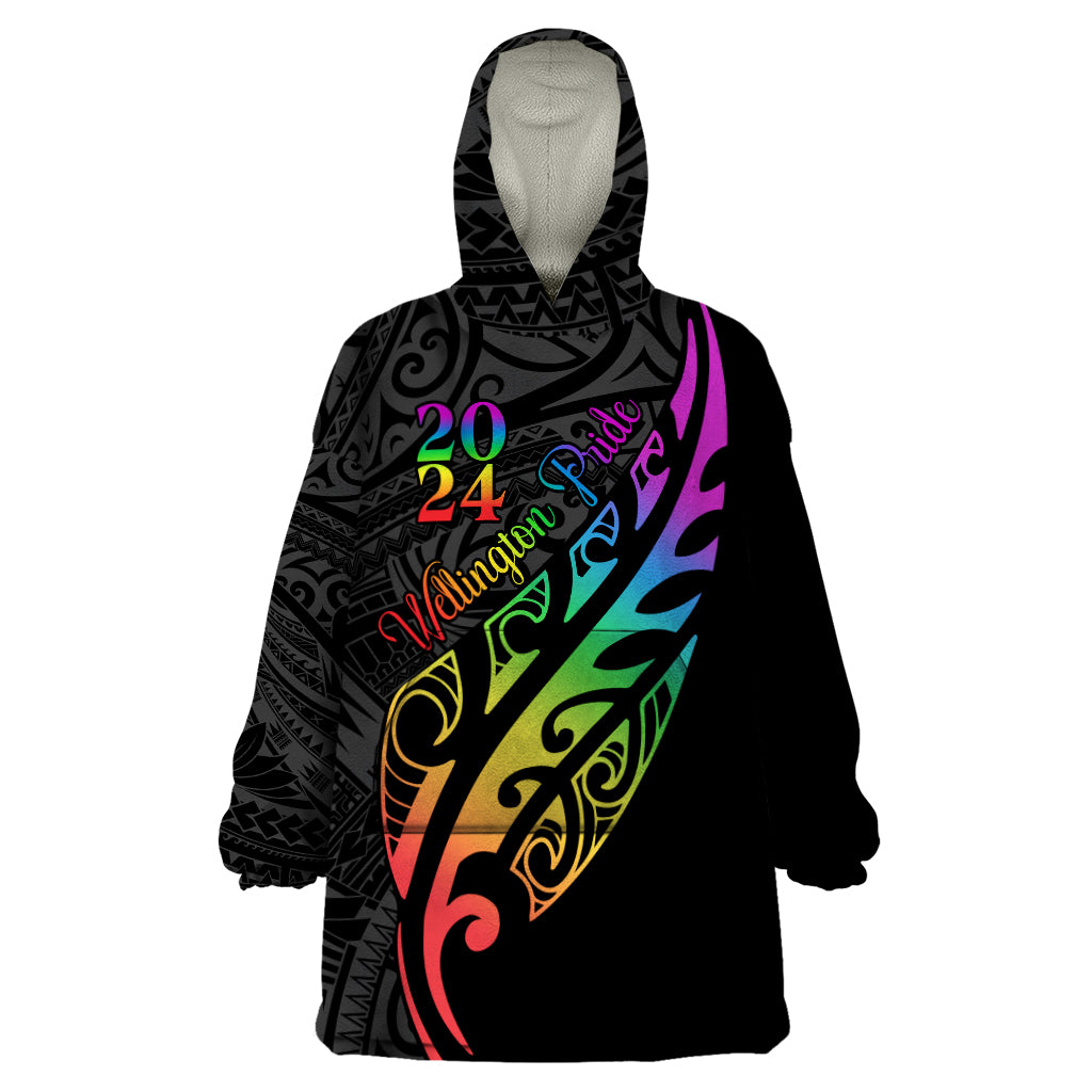 Personalised New Zealand Wellington Pride Wearable Blanket Hoodie Maori Fern with Pride Flag 2024 LT9 One Size Black - Polynesian Pride