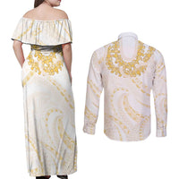 Aloha Lei Onaona Couples Matching Off Shoulder Maxi Dress and Long Sleeve Button Shirt Beige Hawaiian Tribal Pattern LT9 - Polynesian Pride