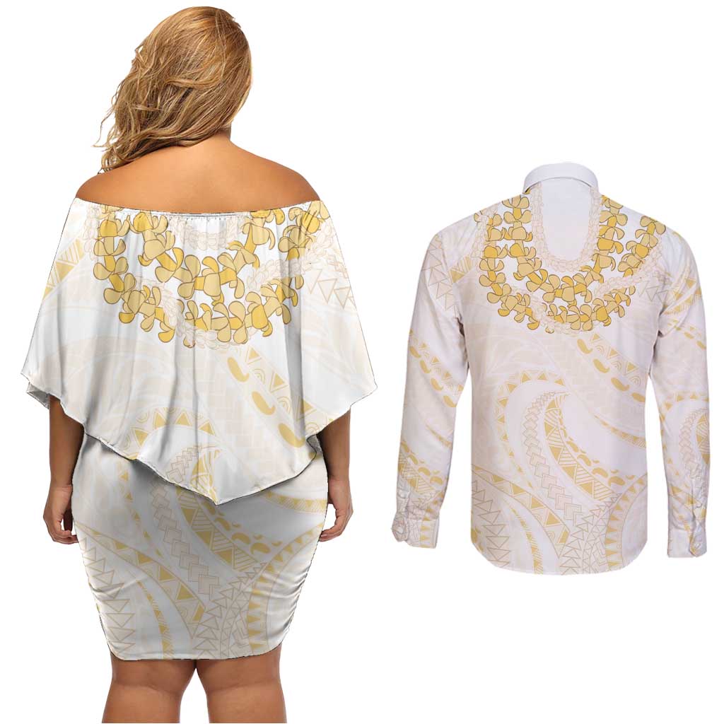 Aloha Lei Onaona Couples Matching Off Shoulder Short Dress and Long Sleeve Button Shirt Beige Hawaiian Tribal Pattern LT9 - Polynesian Pride