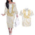 Aloha Lei Onaona Couples Matching Off The Shoulder Long Sleeve Dress and Hawaiian Shirt Beige Hawaiian Tribal Pattern