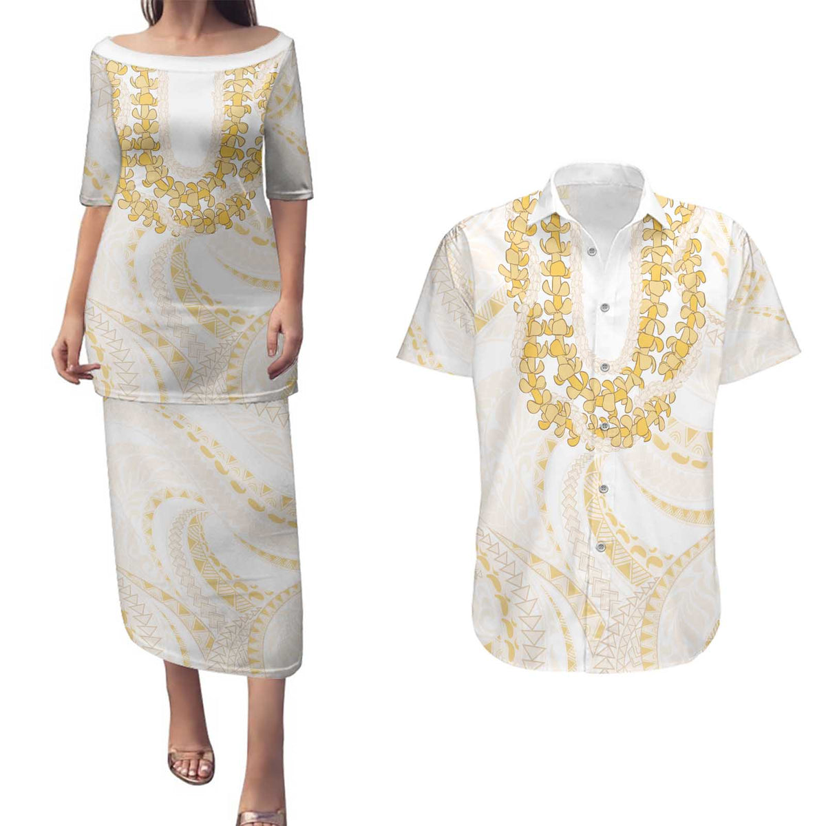 Aloha Lei Onaona Couples Matching Puletasi and Hawaiian Shirt Beige Hawaiian Tribal Pattern LT9 Beige - Polynesian Pride