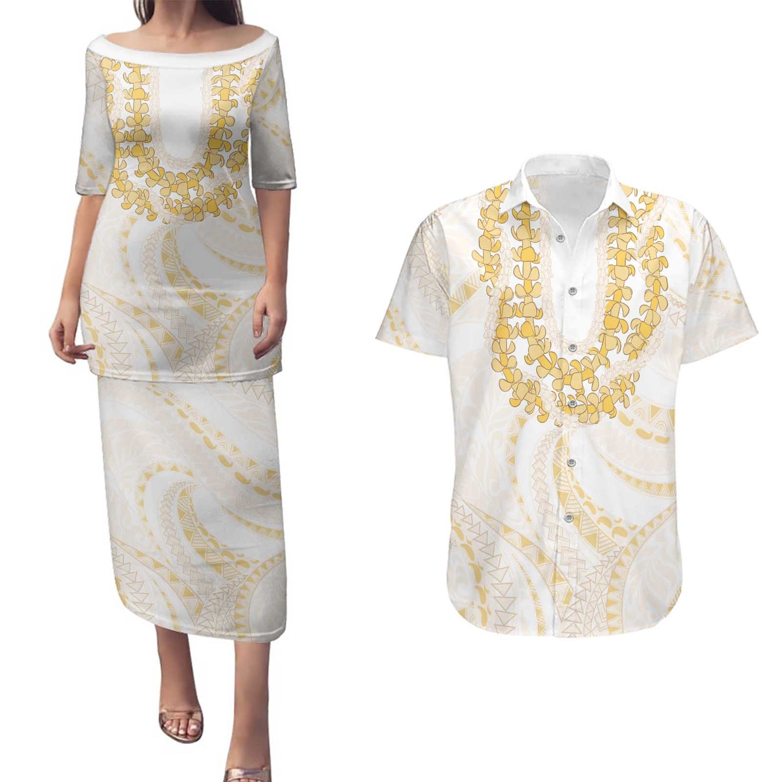 Aloha Lei Onaona Couples Matching Puletasi and Hawaiian Shirt Beige Hawaiian Tribal Pattern LT9 Beige - Polynesian Pride