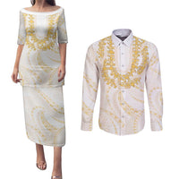 Aloha Lei Onaona Couples Matching Puletasi and Long Sleeve Button Shirt Beige Hawaiian Tribal Pattern LT9 Beige - Polynesian Pride