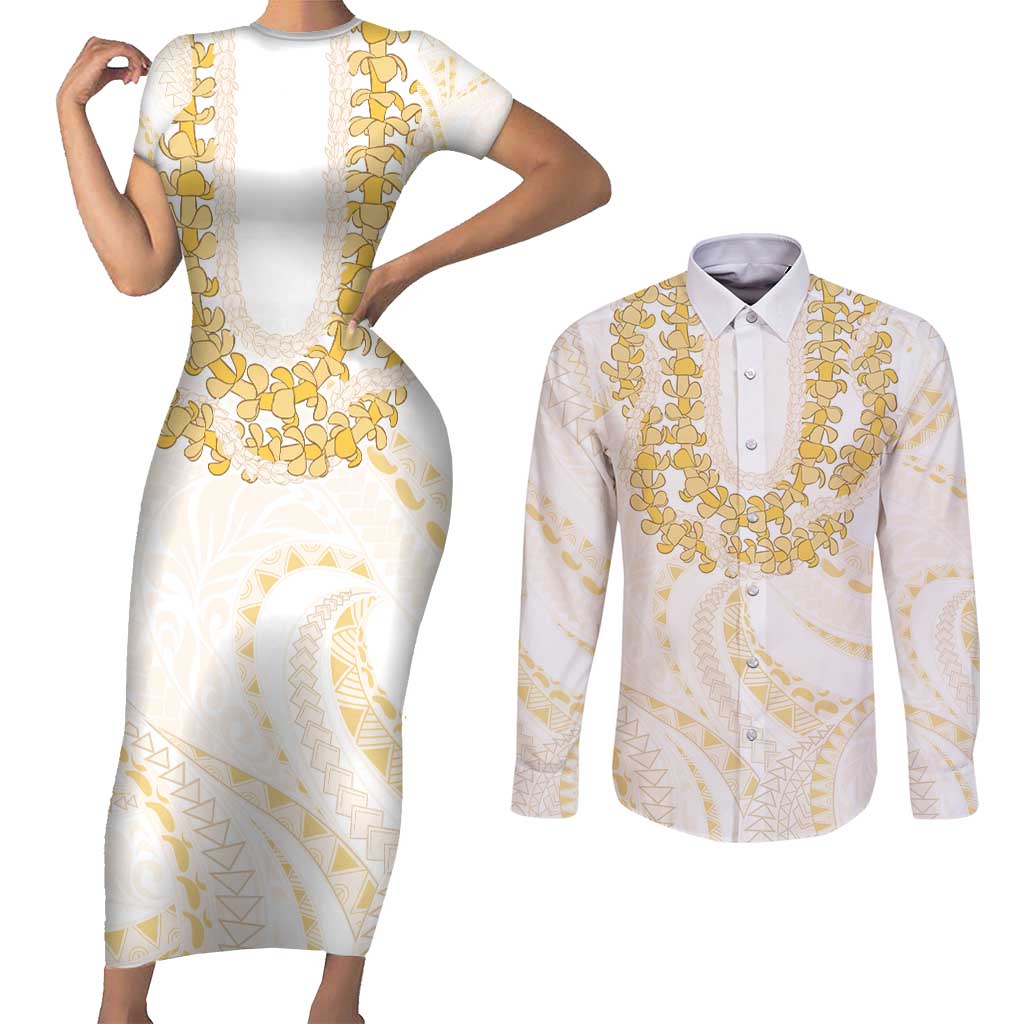 Aloha Lei Onaona Couples Matching Short Sleeve Bodycon Dress and Long Sleeve Button Shirt Beige Hawaiian Tribal Pattern LT9 Beige - Polynesian Pride