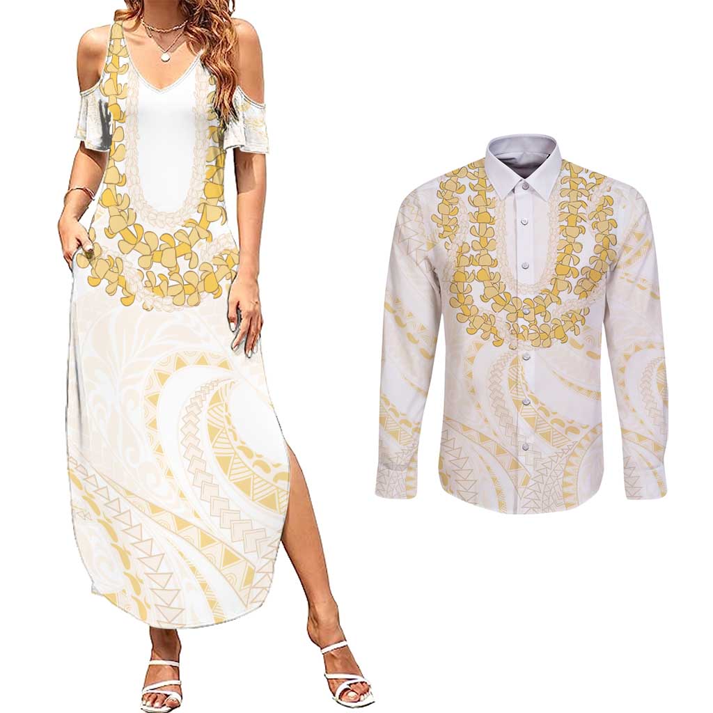 Aloha Lei Onaona Couples Matching Summer Maxi Dress and Long Sleeve Button Shirt Beige Hawaiian Tribal Pattern LT9 Beige - Polynesian Pride