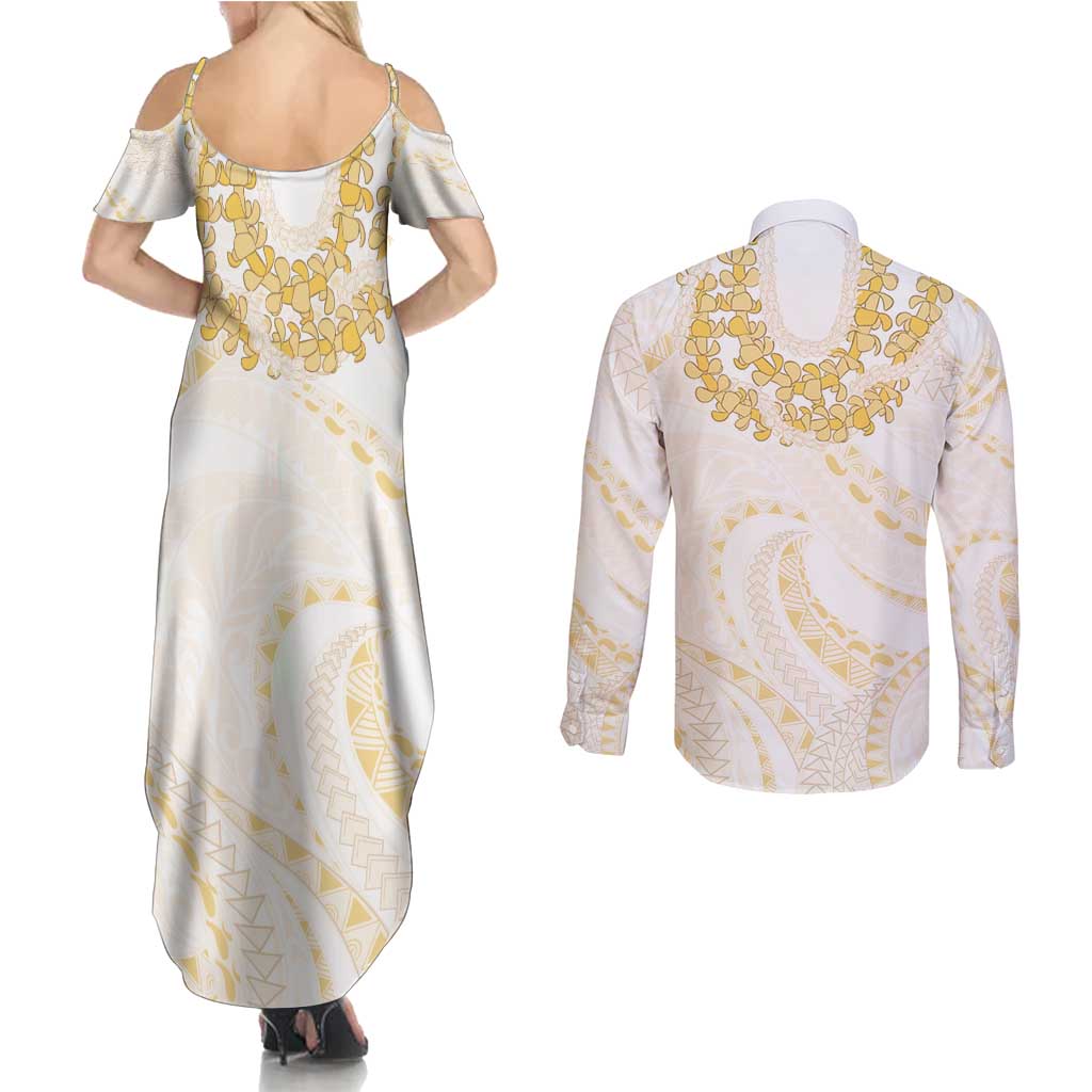 Aloha Lei Onaona Couples Matching Summer Maxi Dress and Long Sleeve Button Shirt Beige Hawaiian Tribal Pattern LT9 - Polynesian Pride