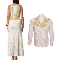 Aloha Lei Onaona Couples Matching Tank Maxi Dress and Long Sleeve Button Shirt Beige Hawaiian Tribal Pattern