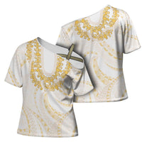Aloha Lei Onaona Cross Shoulder Shirt Beige Hawaiian Tribal Pattern LT9 - Polynesian Pride