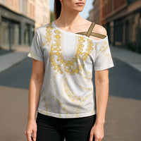 Aloha Lei Onaona Cross Shoulder Shirt Beige Hawaiian Tribal Pattern LT9 - Polynesian Pride