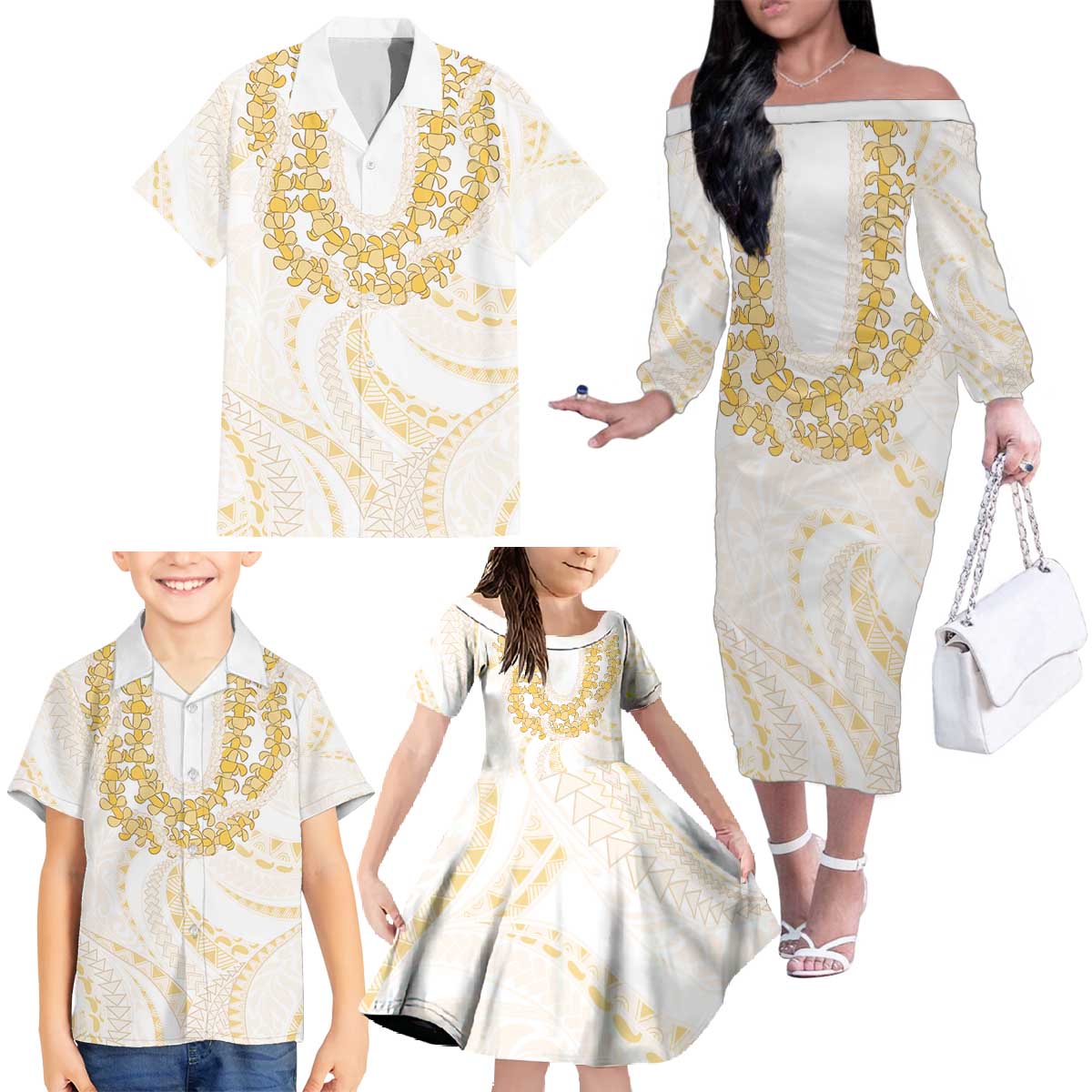 Aloha Lei Onaona Family Matching Off The Shoulder Long Sleeve Dress and Hawaiian Shirt Beige Hawaiian Tribal Pattern LT9 - Polynesian Pride