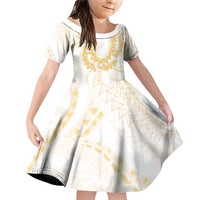 Aloha Lei Onaona Family Matching Off Shoulder Short Dress and Hawaiian Shirt Beige Hawaiian Tribal Pattern