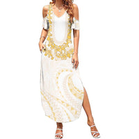 Aloha Lei Onaona Family Matching Summer Maxi Dress and Hawaiian Shirt Beige Hawaiian Tribal Pattern
