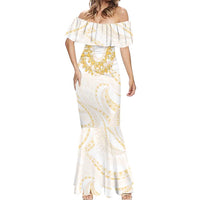 Aloha Lei Onaona Mermaid Dress Beige Hawaiian Tribal Pattern