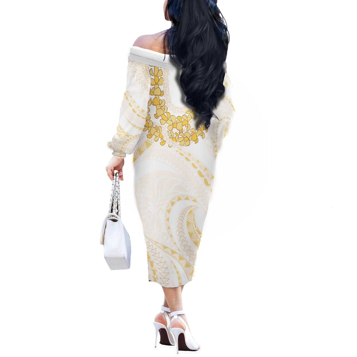 Aloha Lei Onaona Off The Shoulder Long Sleeve Dress Beige Hawaiian Tribal Pattern