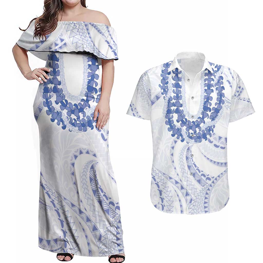 Aloha Lei Onaona Couples Matching Off Shoulder Maxi Dress and Hawaiian Shirt Navy Blue Hawaiian Tribal Pattern LT9 Blue - Polynesian Pride