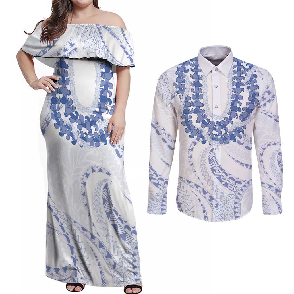 Aloha Lei Onaona Couples Matching Off Shoulder Maxi Dress and Long Sleeve Button Shirt Navy Blue Hawaiian Tribal Pattern LT9 Blue - Polynesian Pride