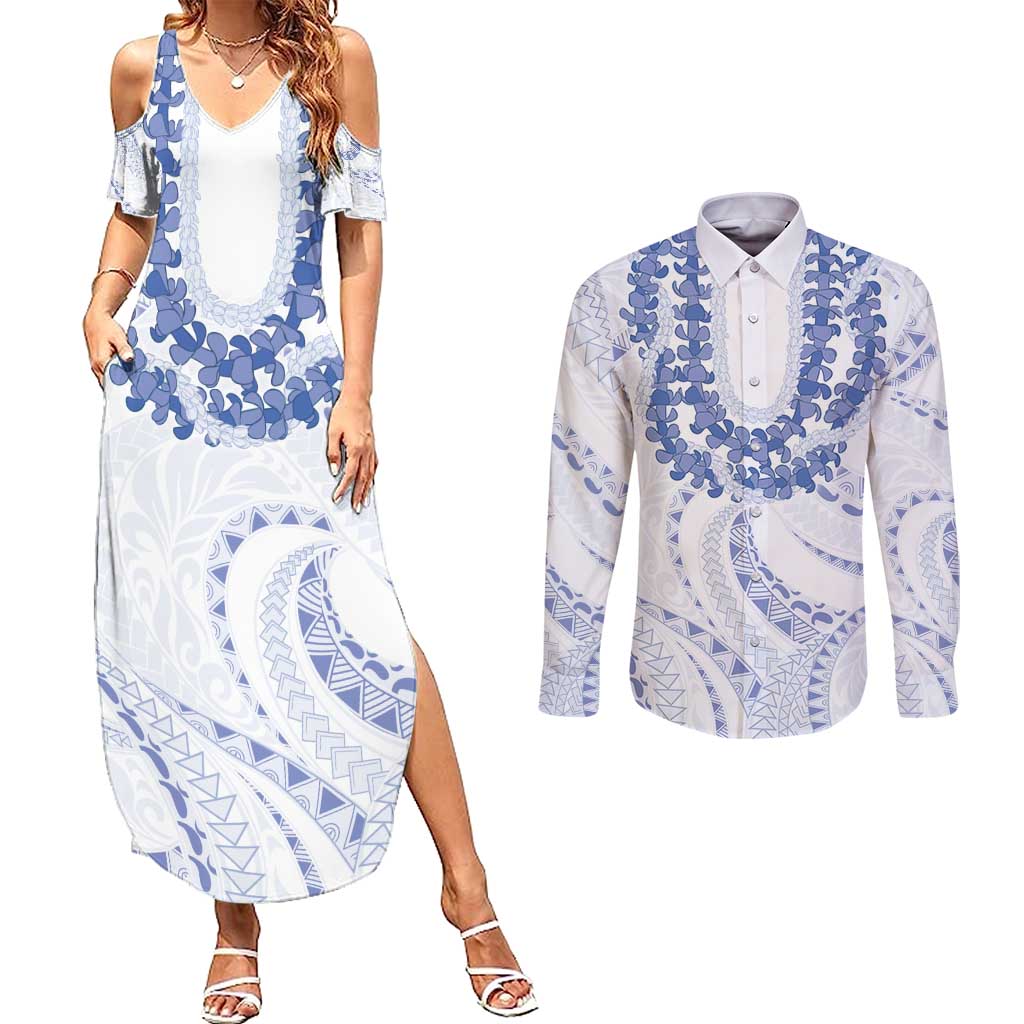 Aloha Lei Onaona Couples Matching Summer Maxi Dress and Long Sleeve Button Shirt Navy Blue Hawaiian Tribal Pattern LT9 Blue - Polynesian Pride