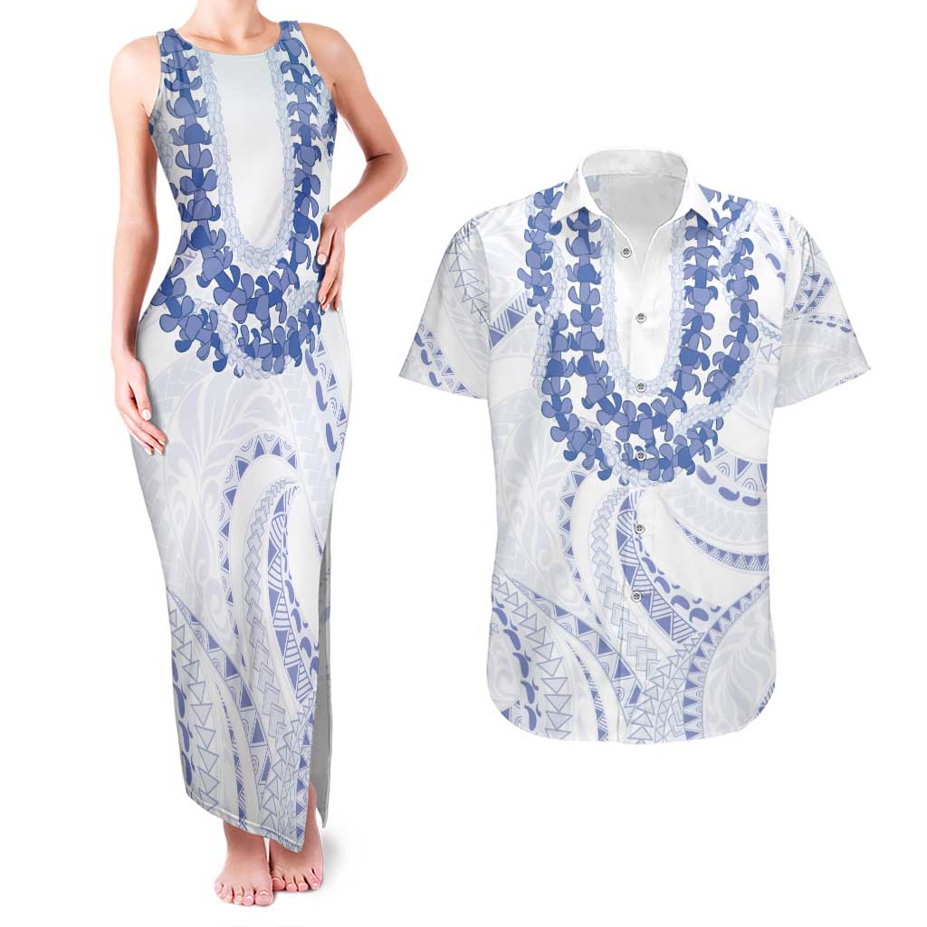 Aloha Lei Onaona Couples Matching Tank Maxi Dress and Hawaiian Shirt Navy Blue Hawaiian Tribal Pattern LT9 Blue - Polynesian Pride