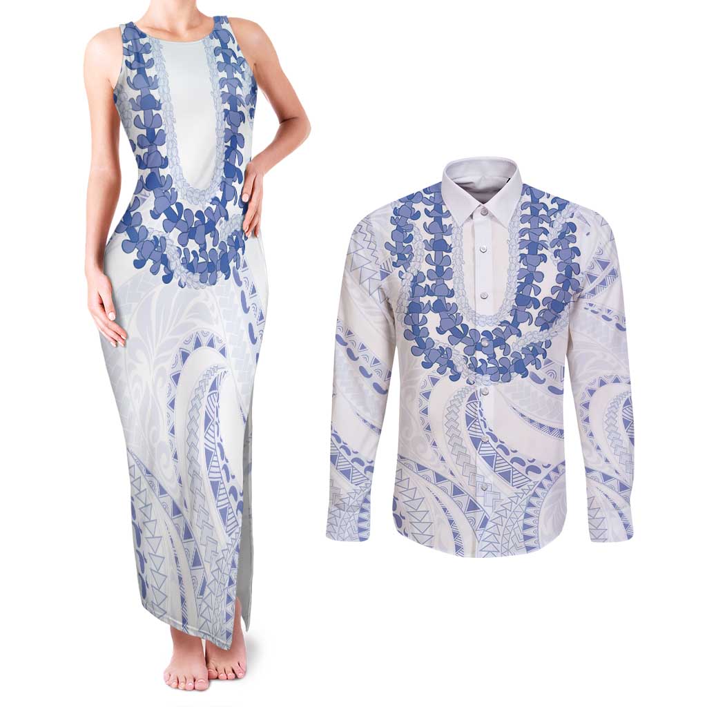 Aloha Lei Onaona Couples Matching Tank Maxi Dress and Long Sleeve Button Shirt Navy Blue Hawaiian Tribal Pattern LT9 Blue - Polynesian Pride