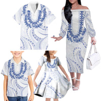 Aloha Lei Onaona Family Matching Off The Shoulder Long Sleeve Dress and Hawaiian Shirt Navy Blue Hawaiian Tribal Pattern
