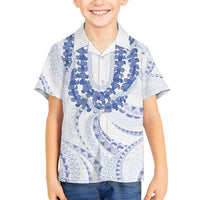 Aloha Lei Onaona Family Matching Off Shoulder Short Dress and Hawaiian Shirt Navy Blue Hawaiian Tribal Pattern