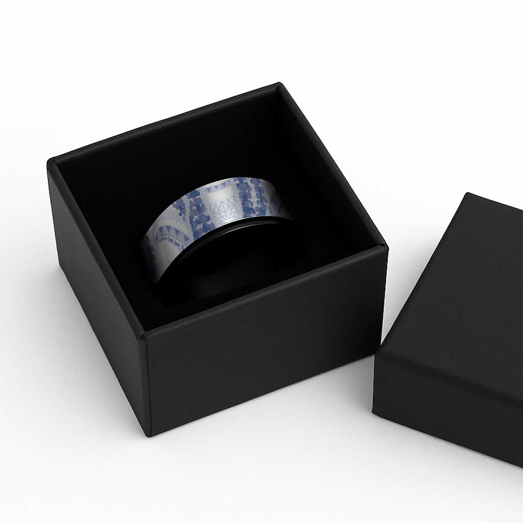 Aloha Lei Onaona Spinner Ring Navy Blue Hawaiian Tribal Pattern - Polynesian Pride