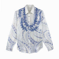 Aloha Lei Onaona Women Casual Shirt Navy Blue Hawaiian Tribal Pattern