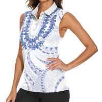 Aloha Lei Onaona Women Sleeveless Polo Shirt Navy Blue Hawaiian Tribal Pattern