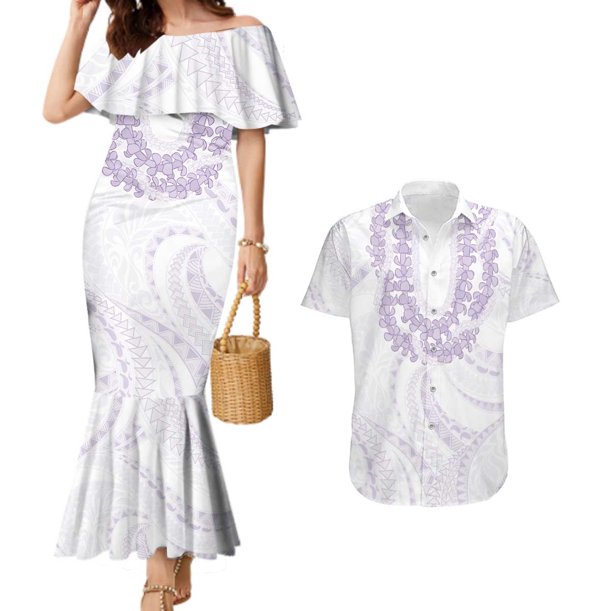 Aloha Lei Onaona Couples Matching Mermaid Dress and Hawaiian Shirt Purple Hawaiian Tribal Pattern