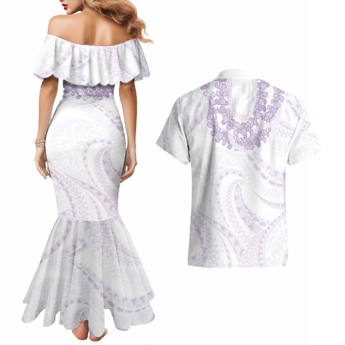 Aloha Lei Onaona Couples Matching Mermaid Dress and Hawaiian Shirt Purple Hawaiian Tribal Pattern
