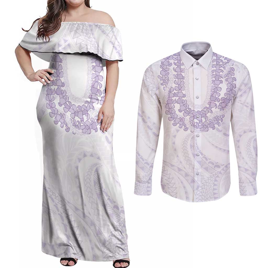 Aloha Lei Onaona Couples Matching Off Shoulder Maxi Dress and Long Sleeve Button Shirt Purple Hawaiian Tribal Pattern LT9 Purple - Polynesian Pride