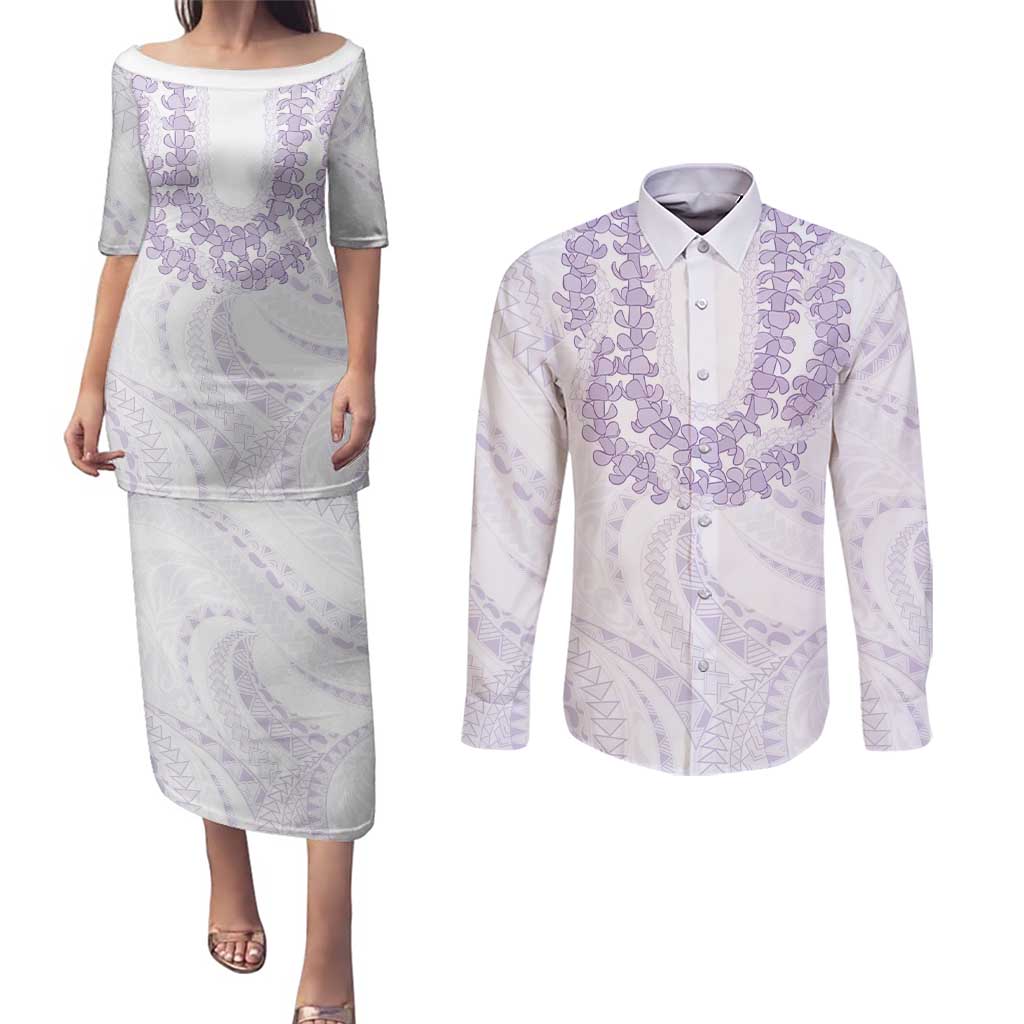 Aloha Lei Onaona Couples Matching Puletasi and Long Sleeve Button Shirt Purple Hawaiian Tribal Pattern LT9 Purple - Polynesian Pride