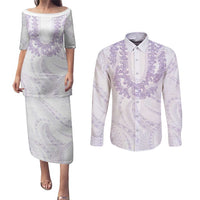 Aloha Lei Onaona Couples Matching Puletasi and Long Sleeve Button Shirt Purple Hawaiian Tribal Pattern LT9 Purple - Polynesian Pride