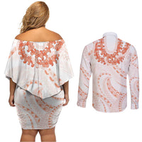 Aloha Lei Onaona Couples Matching Off Shoulder Short Dress and Long Sleeve Button Shirt Red Hawaiian Tribal Pattern LT9 - Polynesian Pride
