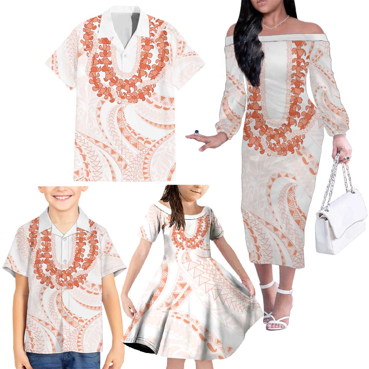 Aloha Lei Onaona Family Matching Off The Shoulder Long Sleeve Dress and Hawaiian Shirt Red Hawaiian Tribal Pattern LT9 - Polynesian Pride