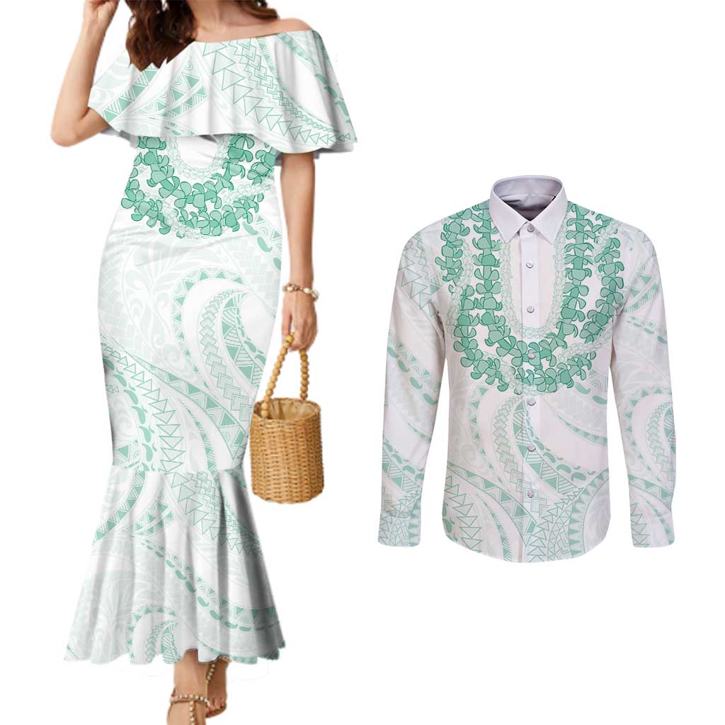 Aloha Lei Onaona Couples Matching Mermaid Dress and Long Sleeve Button Shirt Sage Green Hawaiian Tribal Pattern LT9 Green - Polynesian Pride