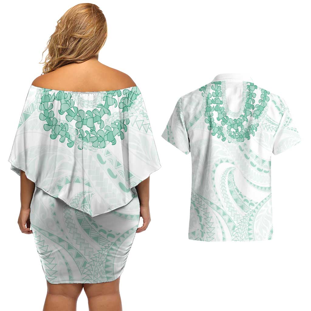 Aloha Lei Onaona Couples Matching Off Shoulder Short Dress and Hawaiian Shirt Sage Green Hawaiian Tribal Pattern