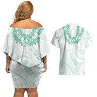 Aloha Lei Onaona Couples Matching Off Shoulder Short Dress and Hawaiian Shirt Sage Green Hawaiian Tribal Pattern