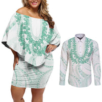 Aloha Lei Onaona Couples Matching Off Shoulder Short Dress and Long Sleeve Button Shirt Sage Green Hawaiian Tribal Pattern LT9 Green - Polynesian Pride